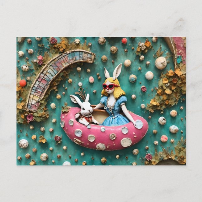Carte Postale Alice et le lapin blanc en voyage en flottant (Devant)