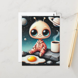 Carte Postale Alien bébé avec café et oeuf