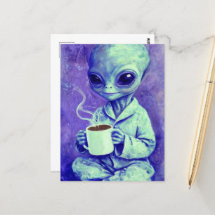 Carte Postale Alien bleu avec une coupe de café