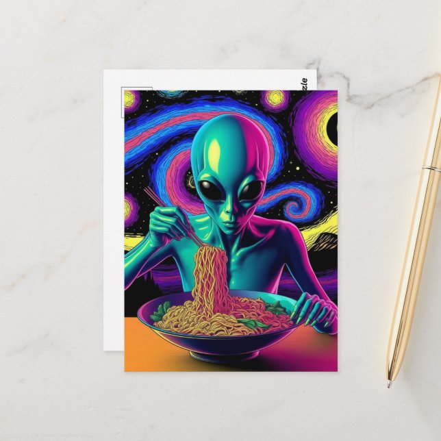 Carte Postale Alien Bleu Mangeant des Nouilles  (Devant/Arrière en situation)