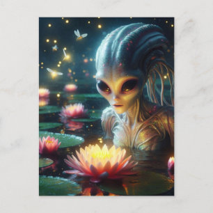 Carte Postale Alien dans un étang d'été brillant avec des fleurs