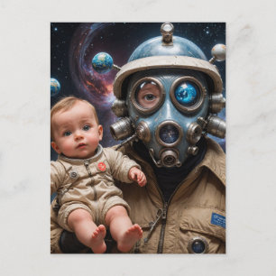 Carte Postale Alien de masque à gaz avec bébé dans l'espace