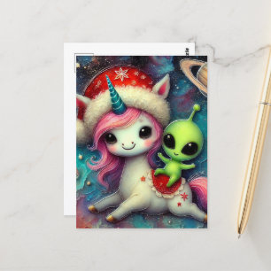 Carte Postale Alien de Noël festif et licorne