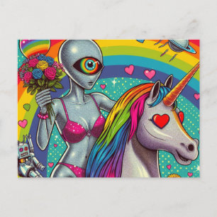 Carte Postale Alien en bikini sur une licorne