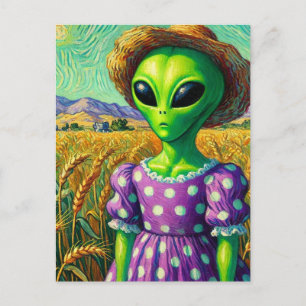 Carte Postale Alien en Casquette de paille et de robes à points 