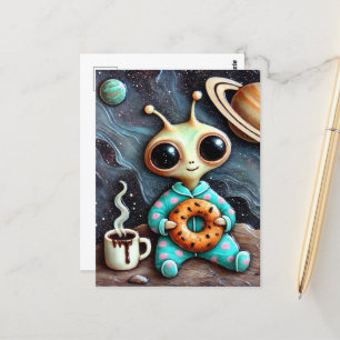 Carte Postale Alien en PJ bleu avec café et bagel