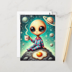 Carte Postale Alien en PJ Bleu et Rose avec café et oeuf