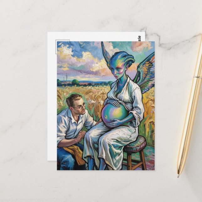 Carte Postale Alien enceinte et visite d'un agriculteur dans la  (Devant/Arrière en situation)