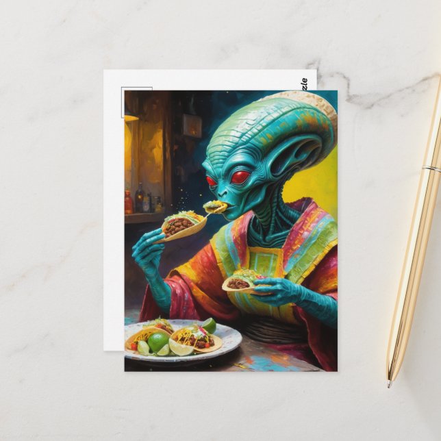 Carte Postale Alien Manger Tacos (Devant/Arrière en situation)