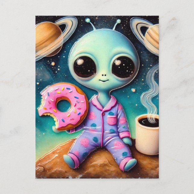 Carte Postale Alien mignon avec café et beignets dans l'espace (Devant)