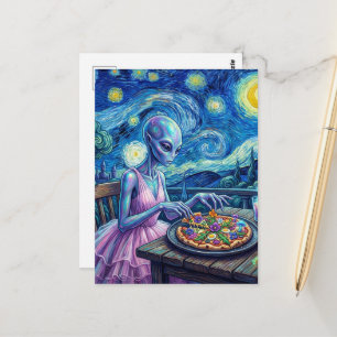 Carte Postale Alien Mignon en Robe Rose Mange une Pizza Faux Van