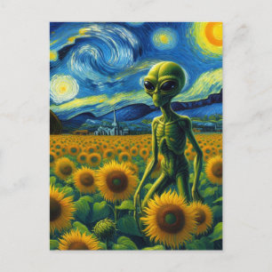 Carte Postale Alien scientifique vert dans un terrain de tournes