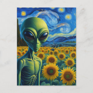 Carte Postale Alien vert dans un terrain de tournesol Faux Van G