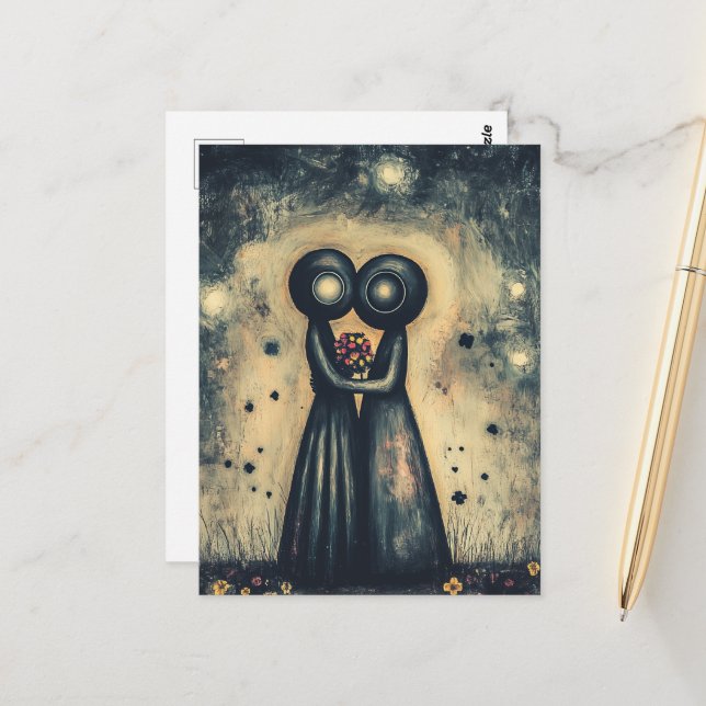 Carte Postale Aliens en amour Embrassez dans un câlin (Devant/Arrière en situation)