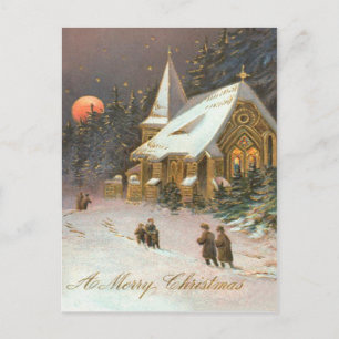 Carte Postale Aller À Church Tree Lune De Neige Étoiles