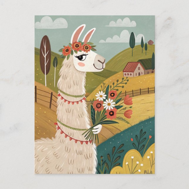 Carte Postale Alpaca avec fleurs art folklorique (Devant)