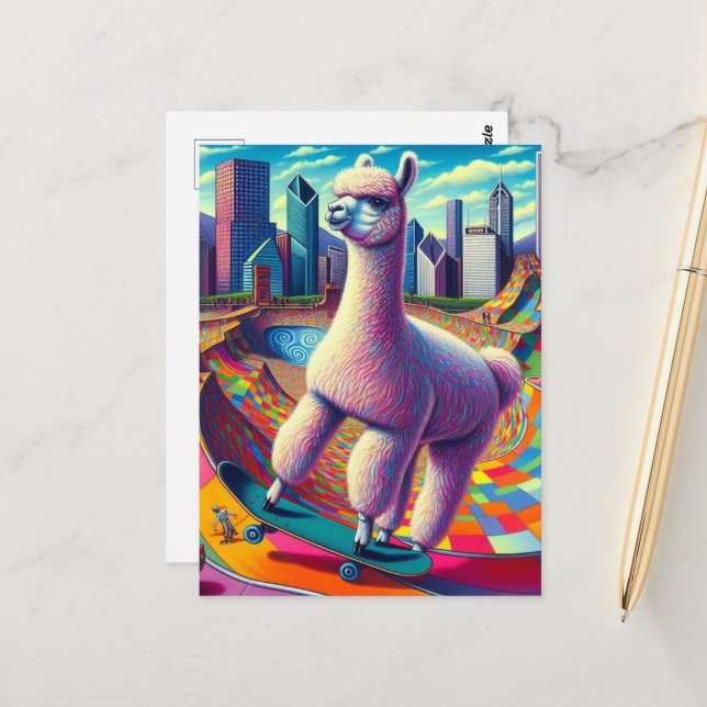Carte Postale Alpaca sur skateboard (Devant/Arrière en situation)