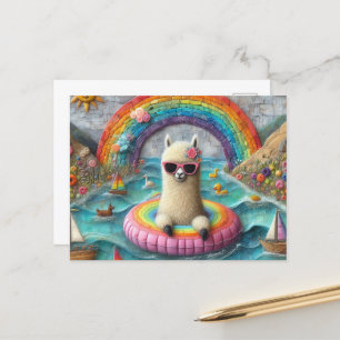 Carte Postale Alpaca sur un radeau de couleur arc-en-ciel