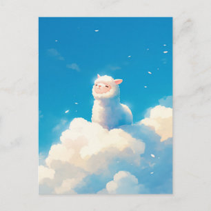 Carte Postale Alpaga blanc assis sur un nuage moelleux ciel bleu