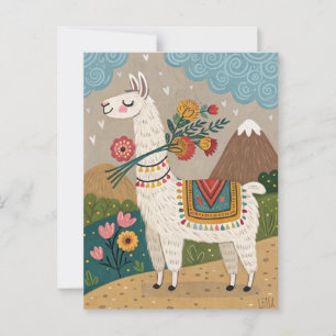 Carte Postale Alpaga du Pérou avec fleurs art populaire