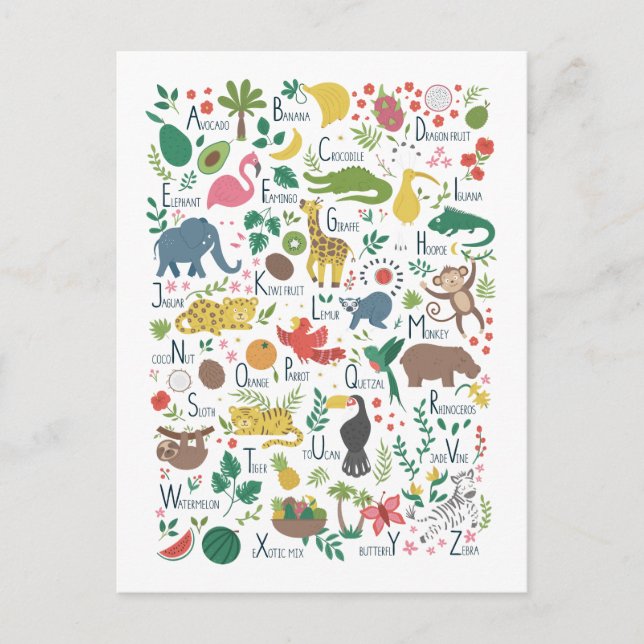 Carte Postale Alphabet tropical pour enfants (Devant)