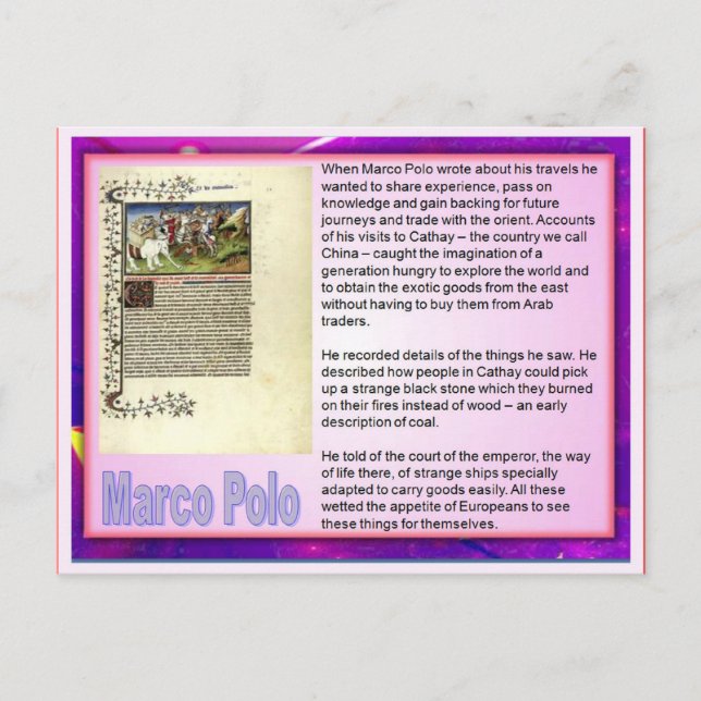 Carte Postale Alphabétisation, écriture de voyage, Marco Polo (Devant)