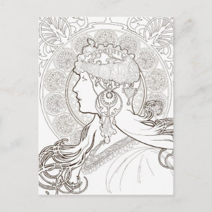 Carte Postale ALphonse Mucha Dessin à doublure noire et blanche