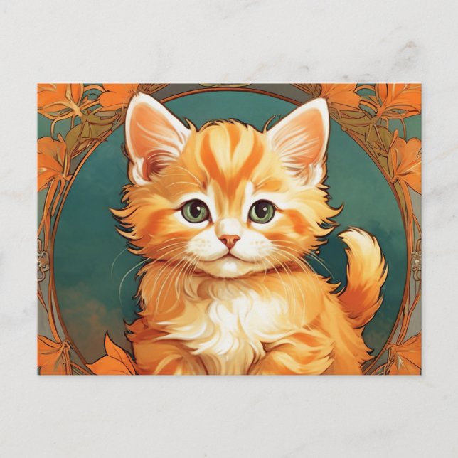 Carte Postale Alphonse Mucha Style Chat orange (Devant)