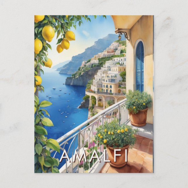 Carte Postale Amalfi Coast Lemon Balcon Ocean View Retro Travel (Devant)