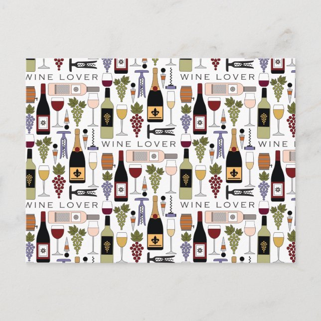 Carte Postale Amateurs de vin Bouteilles, Lunettes et Accessoire (Devant)