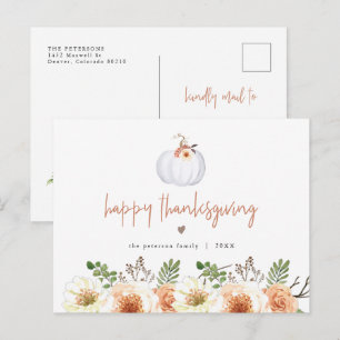 Carte Postale AMBER Fall White Citrouille et Floral Thanksgiving