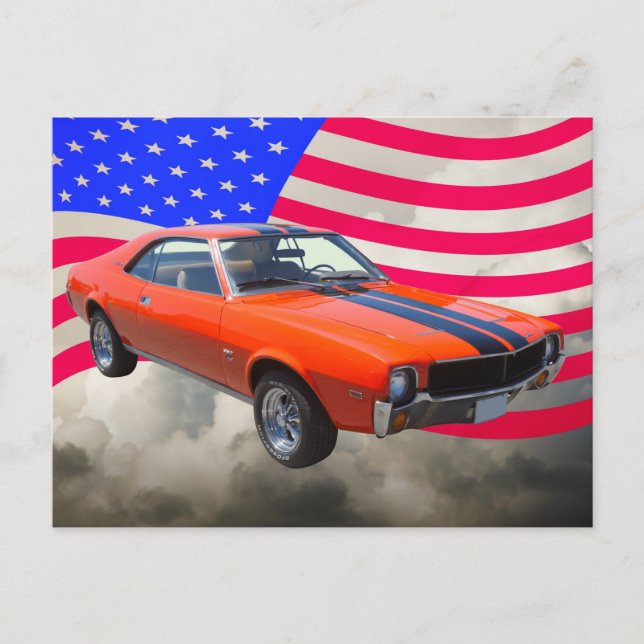 Carte Postale AMC Javlin Voiture Avec Drapeau Américain (Devant)