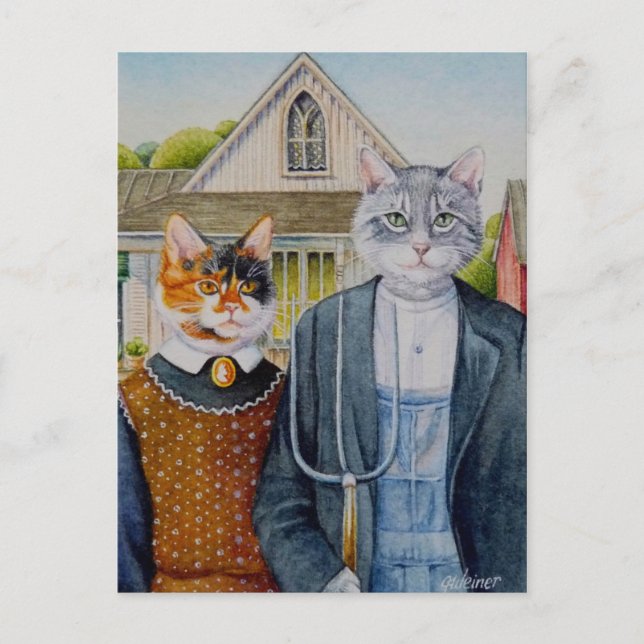 Carte Postale American Gothic Parody Painting Aquarelle Art (Devant)