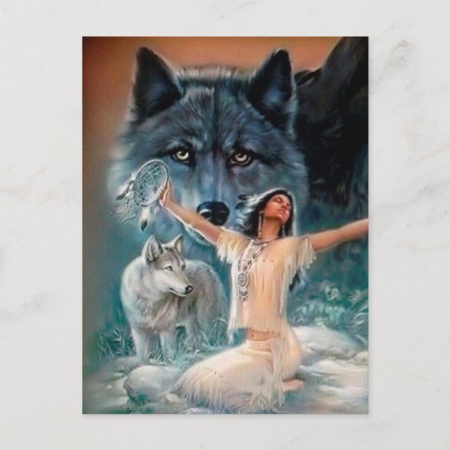 Carte Postale Amérindiens, loups et dragueurs (Devant)