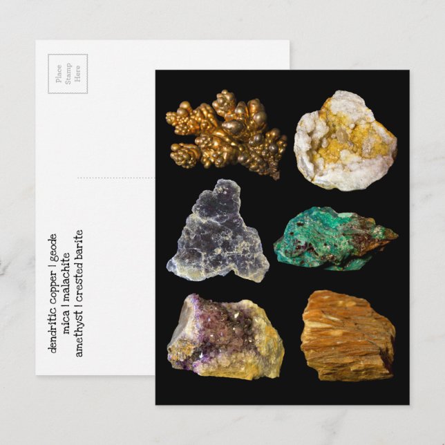 Carte Postale Améthyste Mica Cuivre Barite Malachite Geode Rocks (Devant / Derrière)