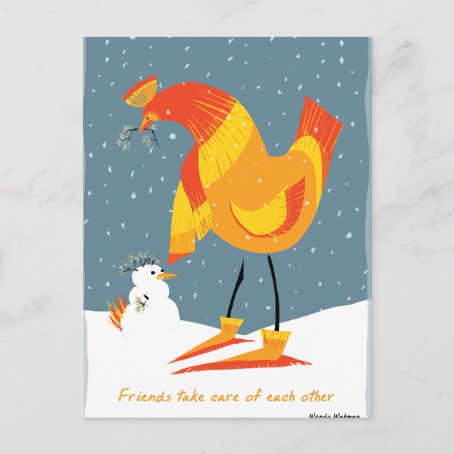 Carte Postale Amis du poulet à la neige (Devant)