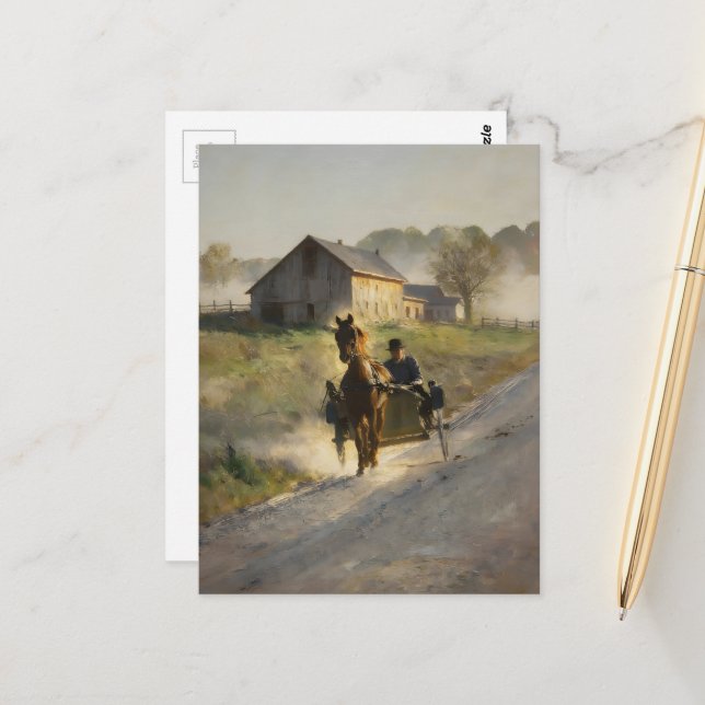 Carte Postale Amish Horse and Buggy on the gravel road  (Devant/Arrière en situation)