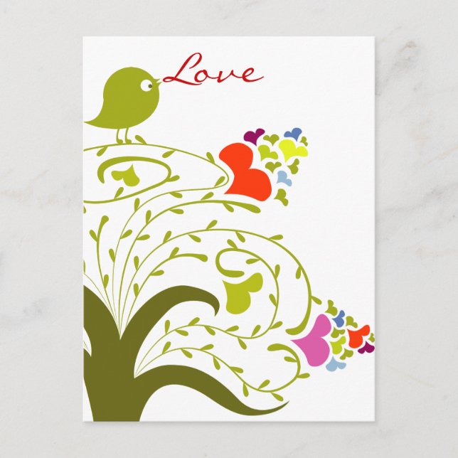 Carte Postale Amour Coeurs Et Oiseaux Sur Un Petit Arbre (Devant)