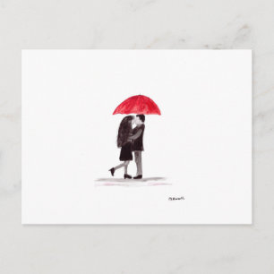 Carte Postale Amour couple avec parapluie rouge art