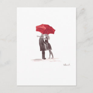 Carte Postale Amour couple avec parapluie rouge couple romantiqu