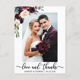 Carte Postale Amour de mariage et remerciements floral bordeaux 