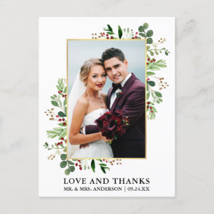 Carte Postale Amour de verdure d'hiver à l'aquarelle Merci Or