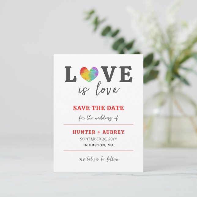 Carte Postale Amour est amour Aquarelle Coeur LGBT Enregistrer l (Debout devant)