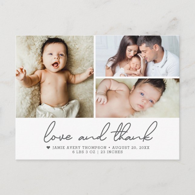 Carte Postale Amour et Merci Bébé 3 Photos faire-part de naissan (Devant)