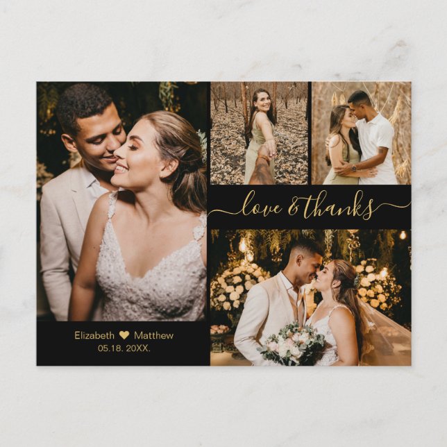 Carte Postale Amour et Merci Black Gold Mariage Merci (Devant)