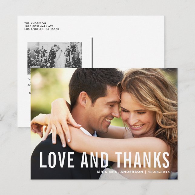 Carte Postale Amour et Merci Typographie moderne Mariage photo (Devant / Derrière)