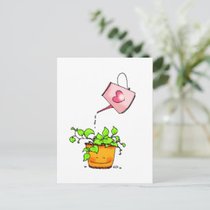 Carte Postale Amour qui arrose, plante d'intérieur heureuse