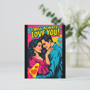 Carte Postale Amour romantique Pop Art bleu magenta jaune
