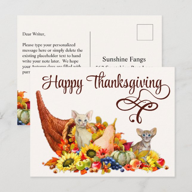 Carte Postale Amoureux des chats Cornucopia Thanksgiving Holiday (Devant / Derrière)