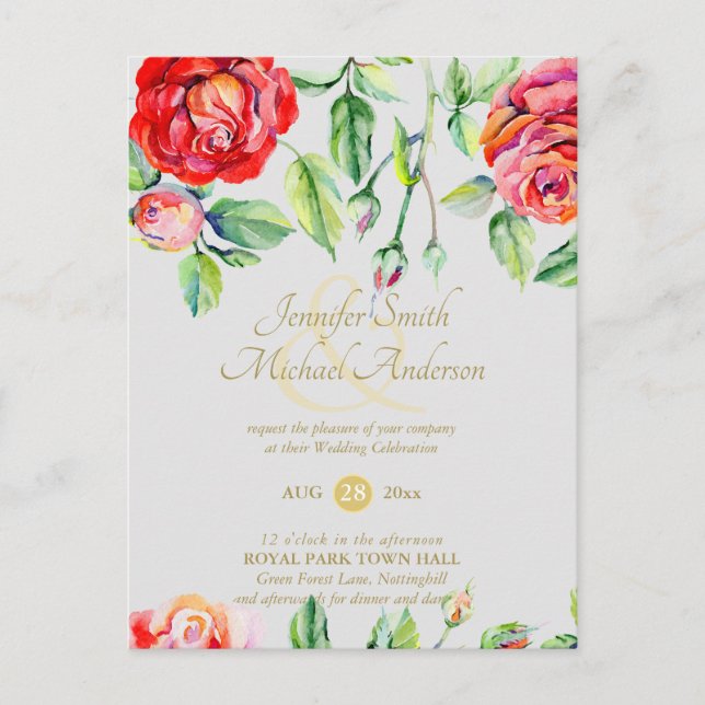 Carte Postale Ampersande d'or d'aquarelle de Roses rouges indulg (Devant)